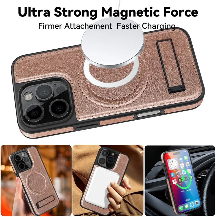 For iPhone 16 Pro Max Magnetic Case Leather Kickstand Phone Cover Compatible with MagSafe