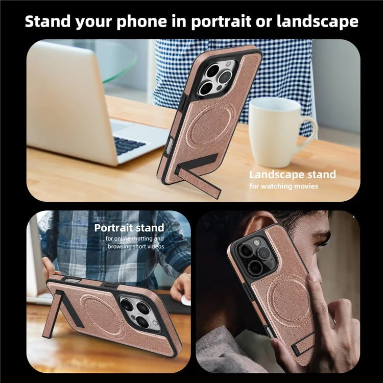 For iPhone 16 Pro Max Magnetic Case Leather Kickstand Phone Cover Compatible with MagSafe