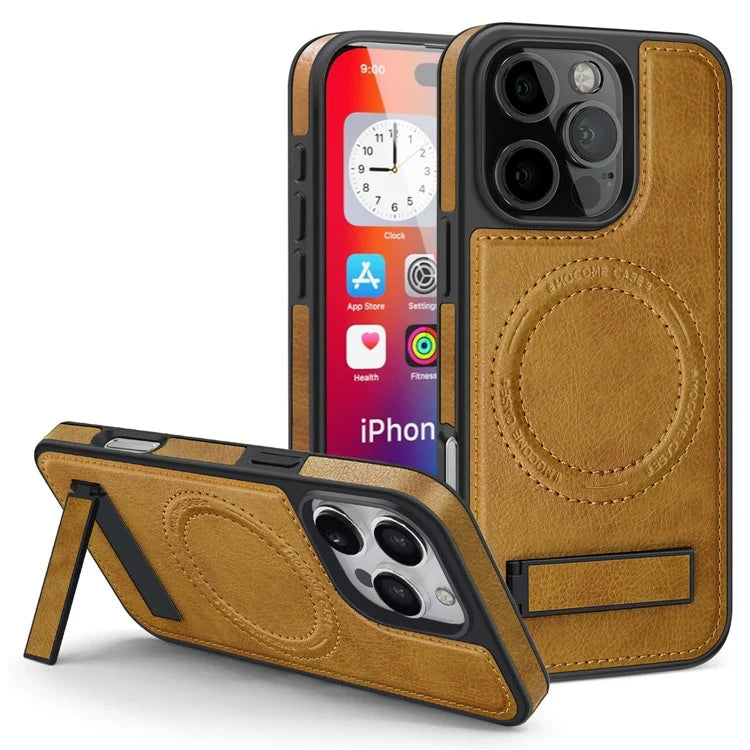 For iPhone 16 Pro Max Magnetic Case Leather Kickstand Phone Cover Compatible with MagSafe