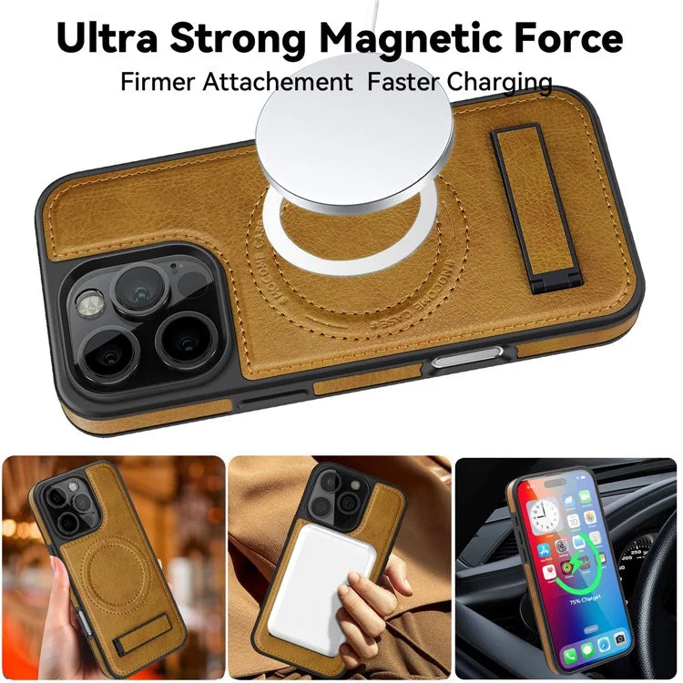 For iPhone 16 Pro Max Magnetic Case Leather Kickstand Phone Cover Compatible with MagSafe