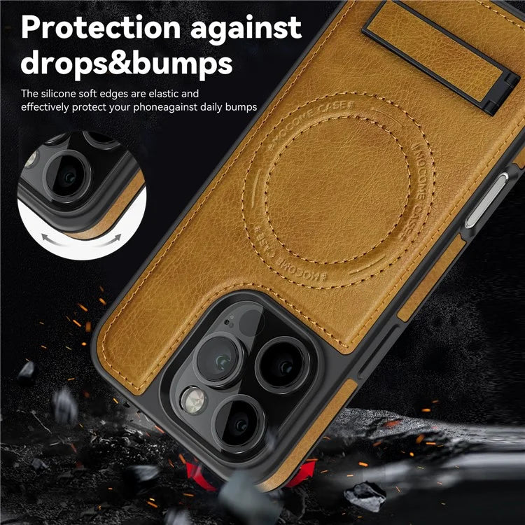 For iPhone 16 Pro Max Magnetic Case Leather Kickstand Phone Cover Compatible with MagSafe