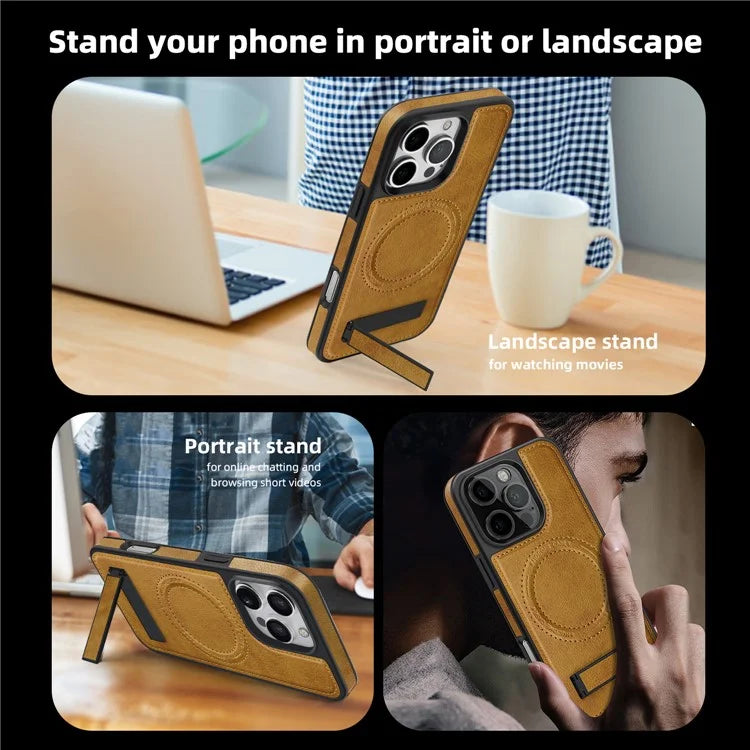 For iPhone 16 Pro Max Magnetic Case Leather Kickstand Phone Cover Compatible with MagSafe