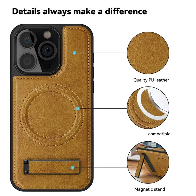 For iPhone 16 Pro Max Magnetic Case Leather Kickstand Phone Cover Compatible with MagSafe
