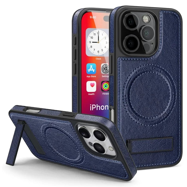 For iPhone 16 Pro Max Magnetic Case Leather Kickstand Phone Cover Compatible with MagSafe