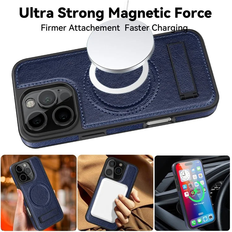 For iPhone 16 Pro Max Magnetic Case Leather Kickstand Phone Cover Compatible with MagSafe