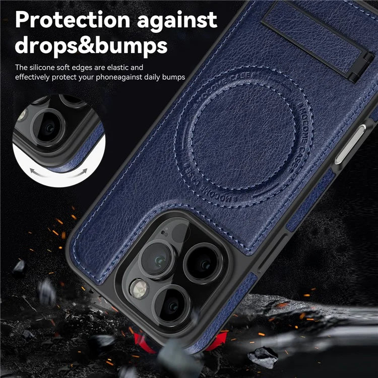 For iPhone 16 Pro Max Magnetic Case Leather Kickstand Phone Cover Compatible with MagSafe