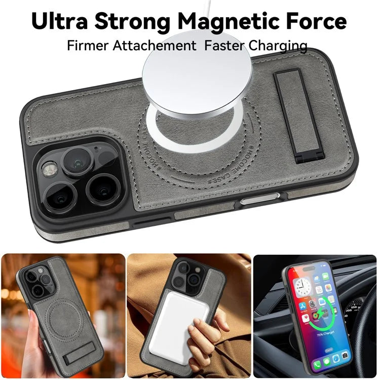 For iPhone 16 Pro Max Magnetic Case Leather Kickstand Phone Cover Compatible with MagSafe
