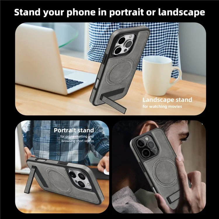 For iPhone 16 Pro Max Magnetic Case Leather Kickstand Phone Cover Compatible with MagSafe