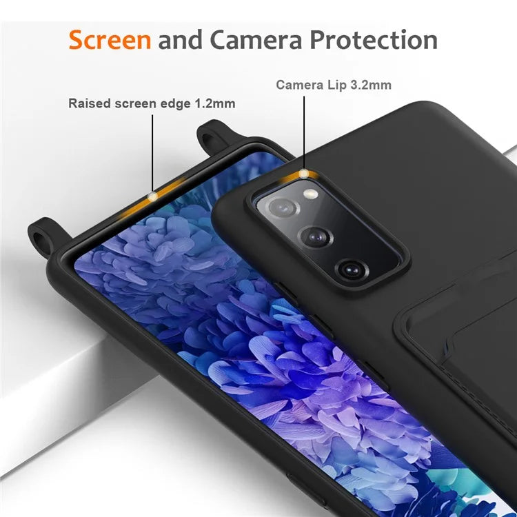 For Samsung Galaxy S20 FE Case Liquid Silicone Card Holder Phone Back Cover with Lanyard