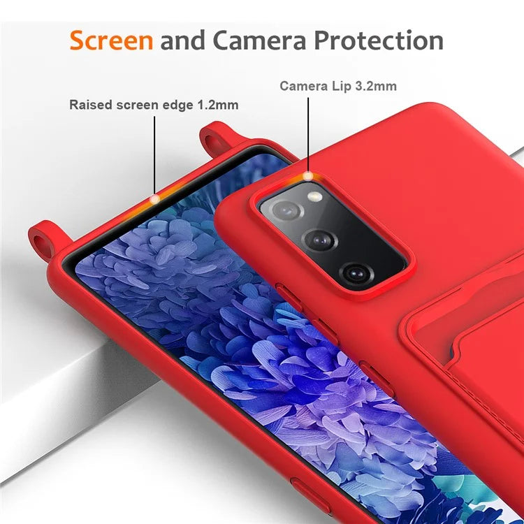 For Samsung Galaxy S20 FE Case Liquid Silicone Card Holder Phone Back Cover with Lanyard