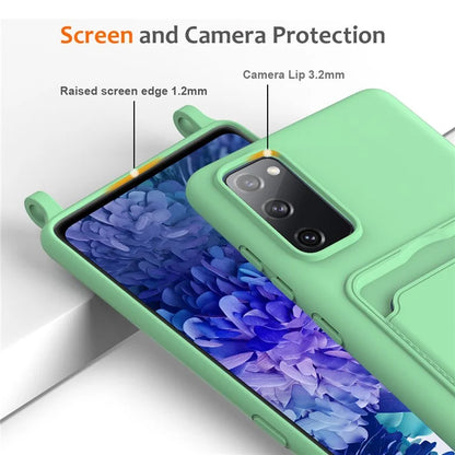 For Samsung Galaxy S20 FE Case Liquid Silicone Card Holder Phone Back Cover with Lanyard