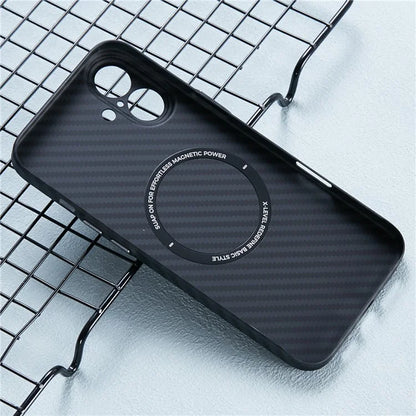 X-LEVEL For iPhone 16 Plus Magnetic Case Ultra-Thin PC Hard Phone Cover Carbon Fiber Texture - Black