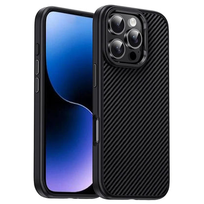IPAKY For iPhone 16 Pro Max TPU Case Carbon Fiber Texture Phone Cover Metal Lens Frame