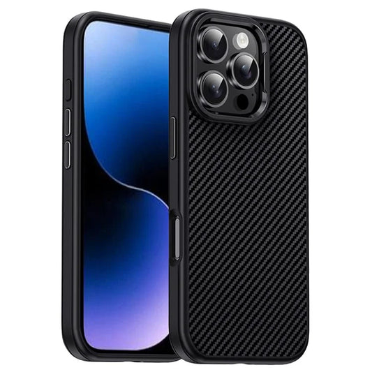 IPAKY For iPhone 16 Pro Max TPU Case Carbon Fiber Texture Phone Cover Metal Lens Frame