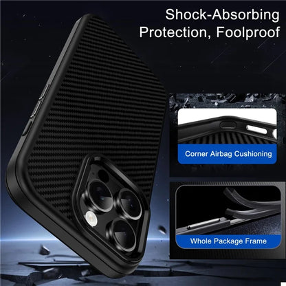 IPAKY For iPhone 16 Pro Max TPU Case Carbon Fiber Texture Phone Cover Metal Lens Frame