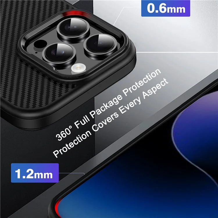 IPAKY For iPhone 16 Pro Max TPU Case Carbon Fiber Texture Phone Cover Metal Lens Frame