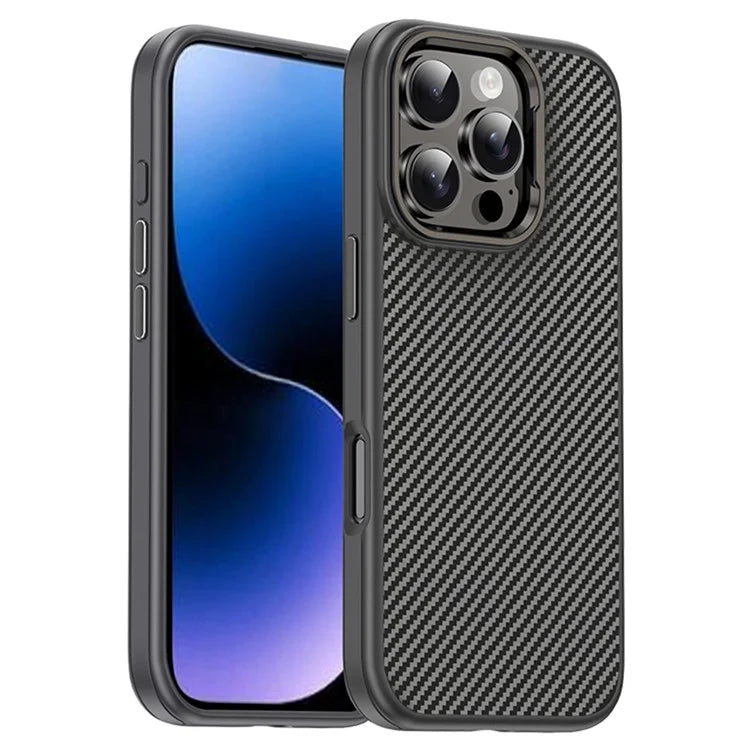 IPAKY For iPhone 16 Pro Max TPU Case Carbon Fiber Texture Phone Cover Metal Lens Frame
