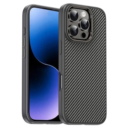 IPAKY For iPhone 16 Pro Max TPU Case Carbon Fiber Texture Phone Cover Metal Lens Frame