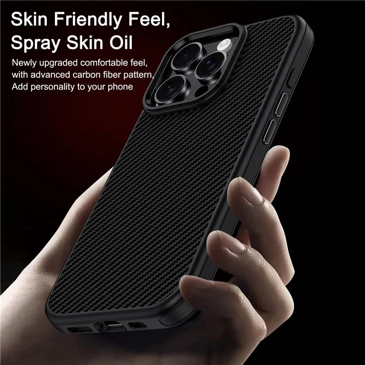 IPAKY For iPhone 16 Pro Max TPU Case Carbon Fiber Texture Phone Cover Metal Lens Frame