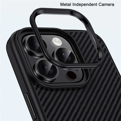 IPAKY For iPhone 16 Pro Max TPU Case Carbon Fiber Texture Phone Cover Metal Lens Frame
