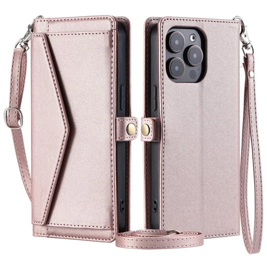 For iPhone 16 Pro Max Leather Case Wallet Stand Phone Cover with Straps