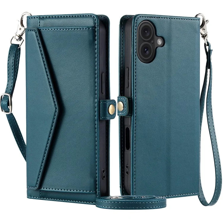 For iPhone 16 Plus Leather Case Wallet Stand Phone Cover with Straps