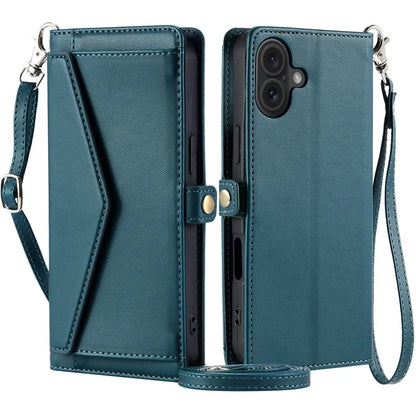 For iPhone 16 Plus Leather Case Wallet Stand Phone Cover with Straps