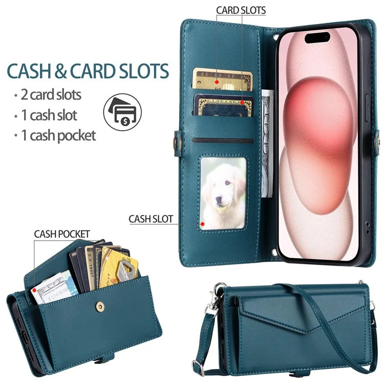 For iPhone 16 Plus Leather Case Wallet Stand Phone Cover with Straps