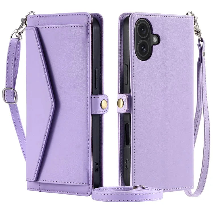 For iPhone 16 Plus Leather Case Wallet Stand Phone Cover with Straps
