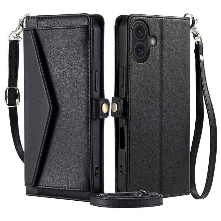 For iPhone 16 Plus Leather Case Wallet Stand Phone Cover with Straps