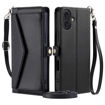 For iPhone 16 Plus Leather Case Wallet Stand Phone Cover with Straps