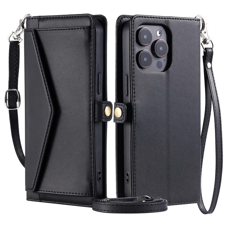 For iPhone 16 Pro Leather Case Wallet Stand Phone Cover with Straps