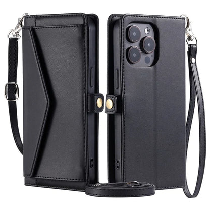 For iPhone 16 Pro Leather Case Wallet Stand Phone Cover with Straps