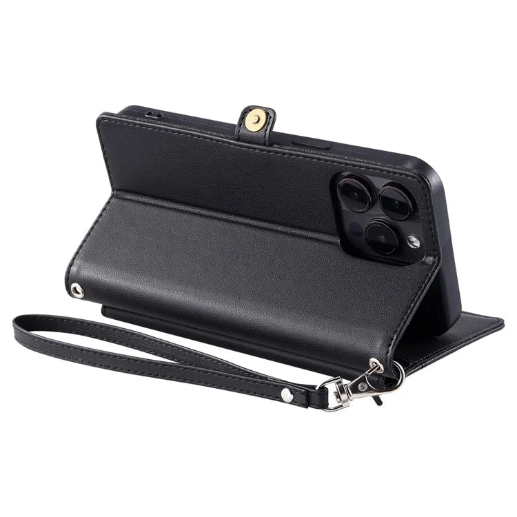 For iPhone 16 Pro Leather Case Wallet Stand Phone Cover with Straps