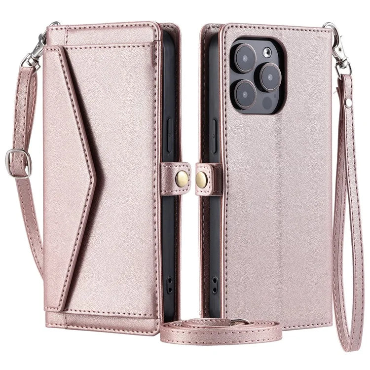 For iPhone 16 Pro Leather Case Wallet Stand Phone Cover with Straps