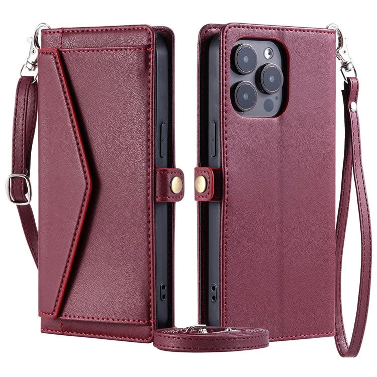 For iPhone 16 Pro Leather Case Wallet Stand Phone Cover with Straps