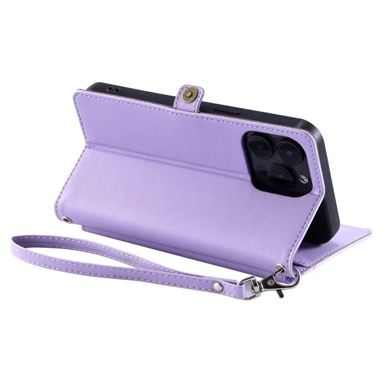 For iPhone 16 Pro Leather Case Wallet Stand Phone Cover with Straps