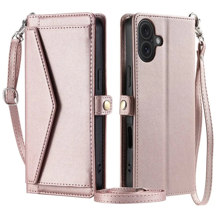 For iPhone 16 Leather Case Wallet Stand Phone Cover with Straps