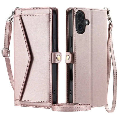 For iPhone 16 Leather Case Wallet Stand Phone Cover with Straps