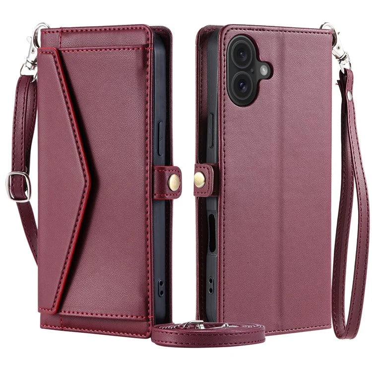 For iPhone 16 Leather Case Wallet Stand Phone Cover with Straps