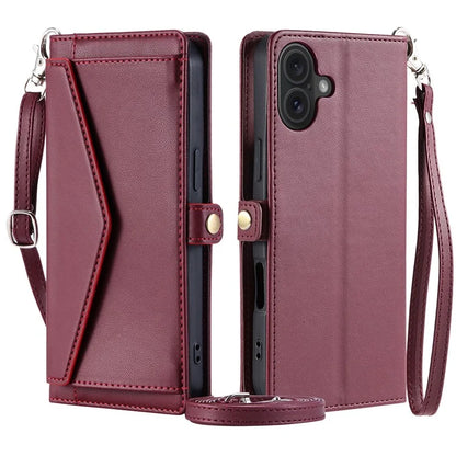 For iPhone 16 Leather Case Wallet Stand Phone Cover with Straps