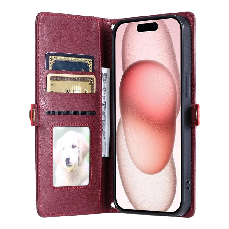 For iPhone 16 Leather Case Wallet Stand Phone Cover with Straps