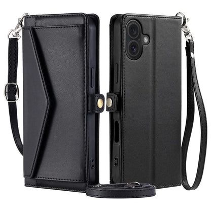 For iPhone 16 Leather Case Wallet Stand Phone Cover with Straps