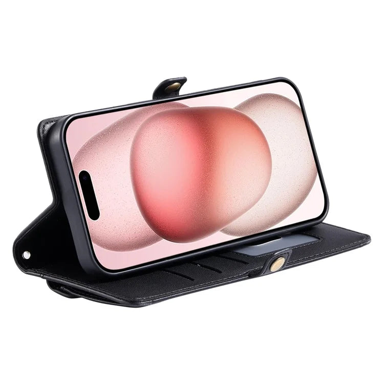 For iPhone 16 Leather Case Wallet Stand Phone Cover with Straps