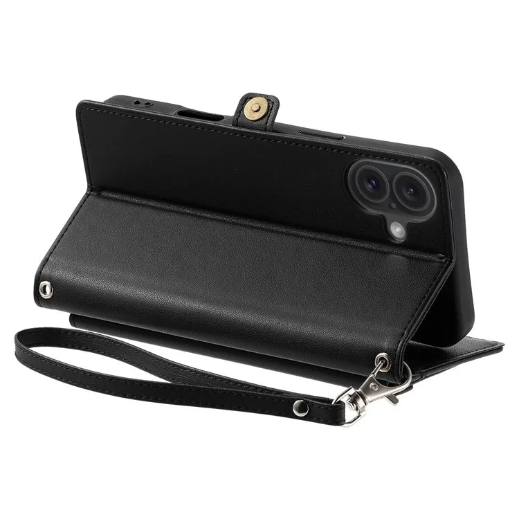 For iPhone 16 Leather Case Wallet Stand Phone Cover with Straps