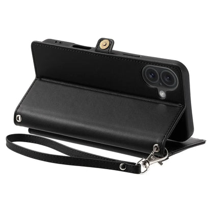 For iPhone 16 Leather Case Wallet Stand Phone Cover with Straps