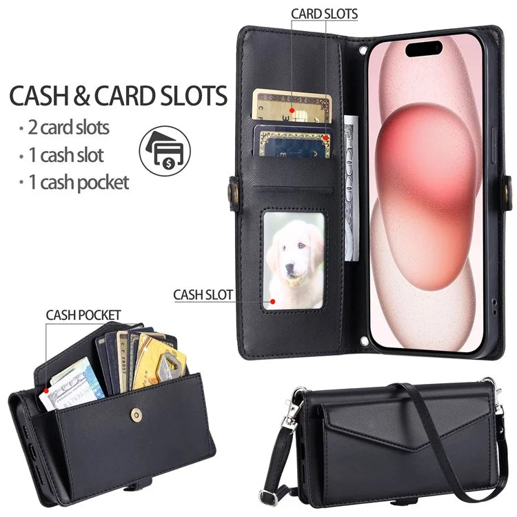For iPhone 16 Leather Case Wallet Stand Phone Cover with Straps