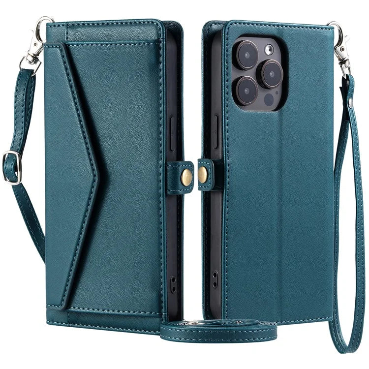 For iPhone 15 Pro Leather Case Wallet Stand Phone Cover with Straps