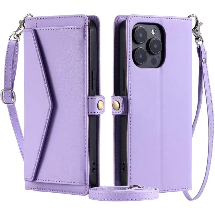 For iPhone 15 Pro Max Leather Case Wallet Stand Phone Cover with Straps