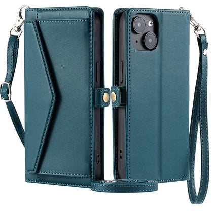 For iPhone 15 Leather Case Wallet Stand Phone Cover with Straps